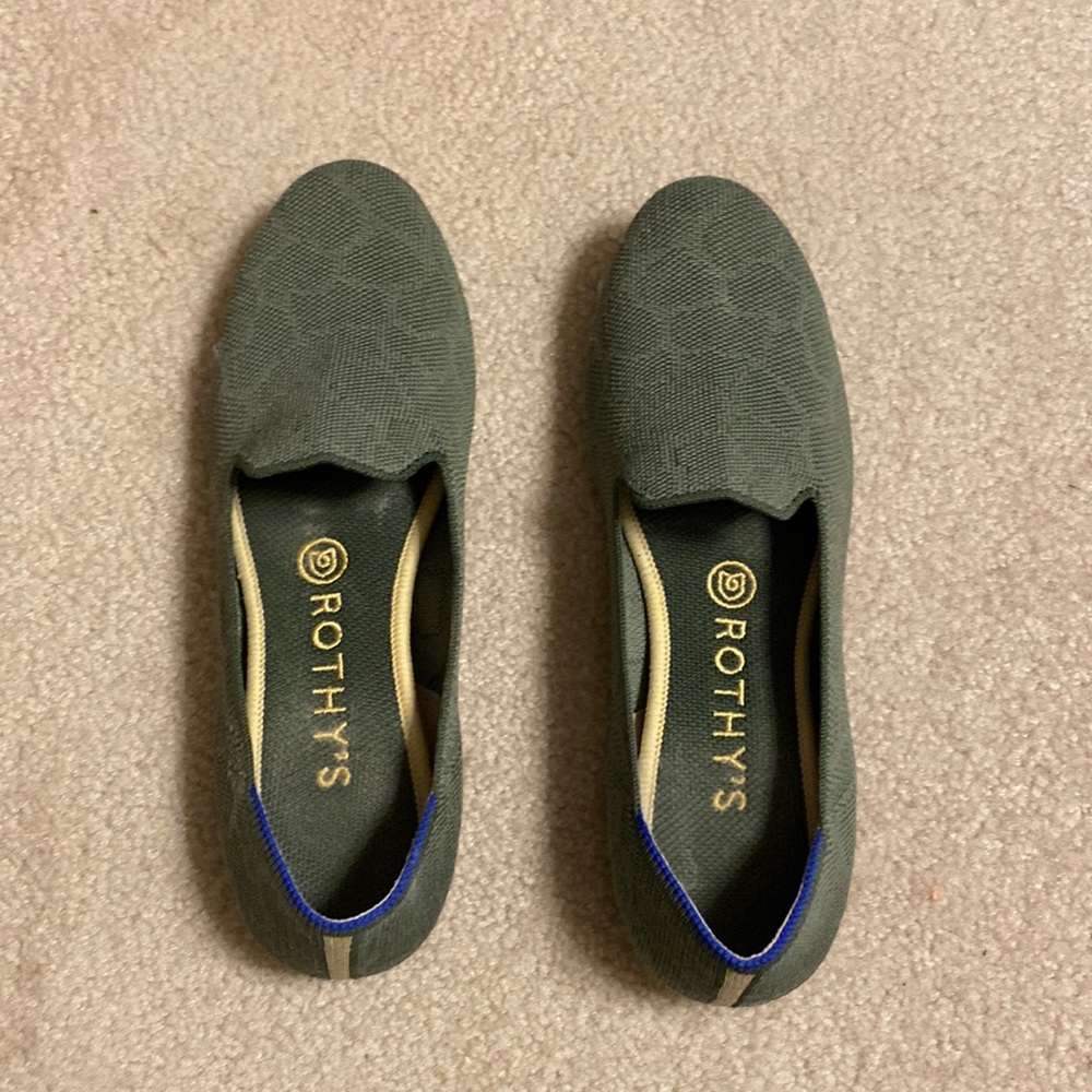Rothy’s loafers in olive green print